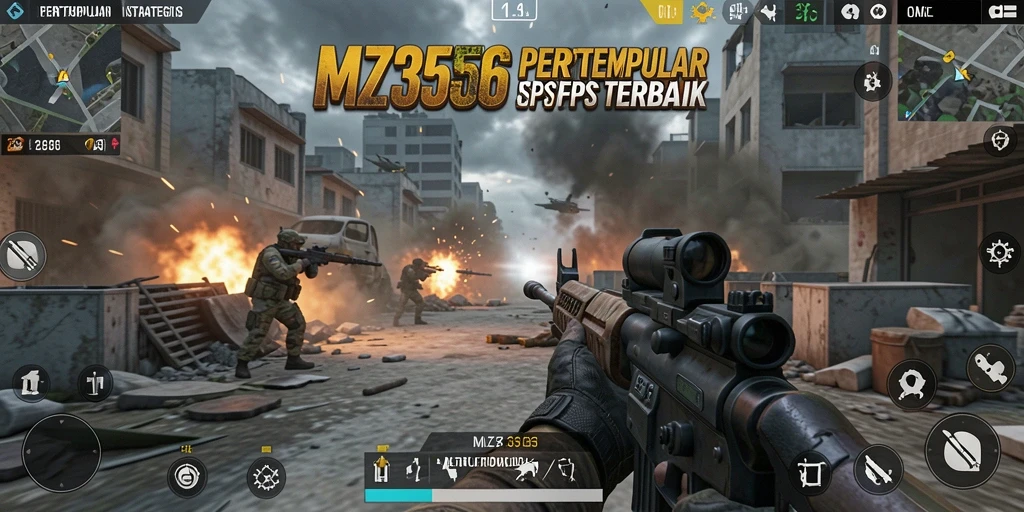 Screenshot MZ356 menampilkan adegan aksi intens dalam gameplay FPS.